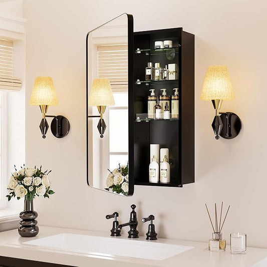 Black Medicine Cabinet with Mirror for Bathroom:20x26 Inch Small Mirrored Vanity Storage with Adjustable Shelves-Surface or Recessed Wall Mount-Matte Black Frame