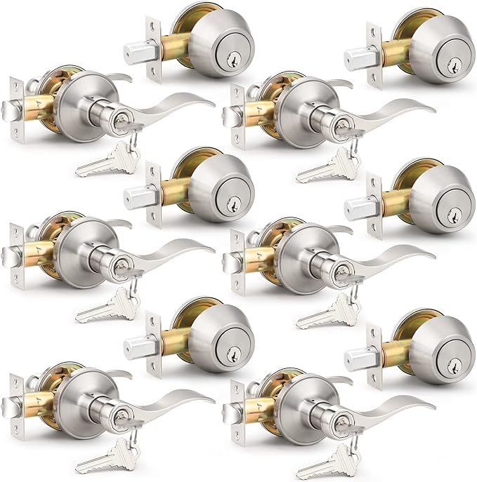 Probrico Exterior Door Lock Set with Deadbolt, Satin Nickel Front Door Lock Keyed Alike, Entry Door Lever Single Cylinder, 6 Sets