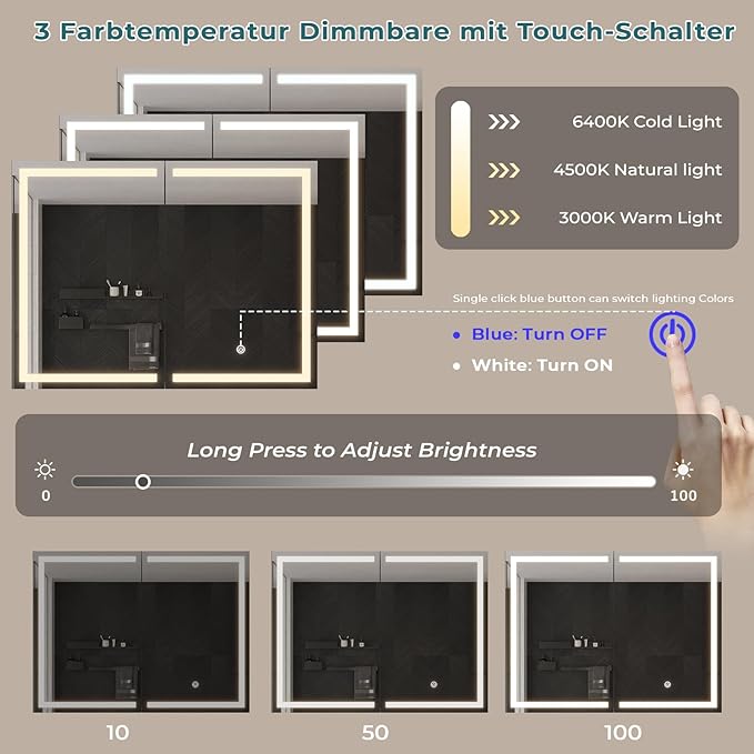 DICTAC Bathroom Medicine Cabinet with Mirror and LED Light, Wall Mounted Bathroom Mirror with Storage, 2 Doors Bathroom Wall Cabinet, Memory Dimmable 3 Color Temp, Adjustable Shelves, 31.5''x23.6''