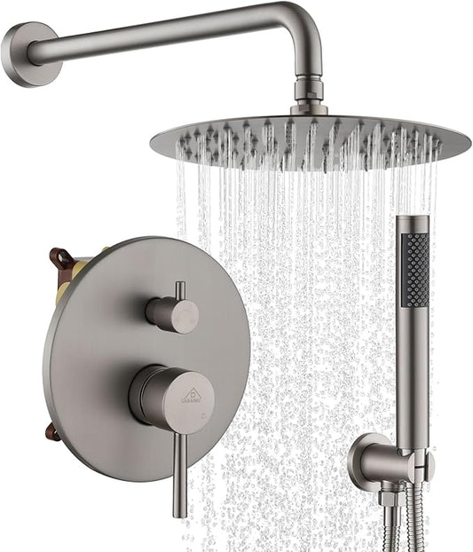 CASAINC Shower Valve and Trim Kit, 10 Inch Round 2 Functions Rain Shower Head with Handheld Spray Wall Mounted Shower System (Brushed Nickel)