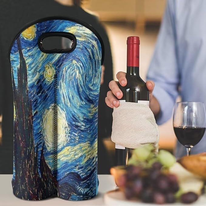 doginthehole Blue Night Sky Wine Bottle Holder 2 Bottle Wine Carrier with Divider for Travel, Starry Sky Print Wine Storage Tote Bag Portable Wine Gift Bag Insulated Sleeve Champagne Carrier Bag