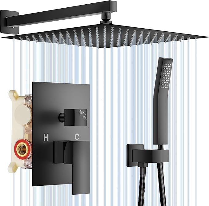 NERDON Shower System, 12 Inch Matte Black High Pressure Rain Shower Head with Handheld, Wall Mounted Mixer Shower Combo Set, Bathroom Rainfall Shower head Shower Faucet Brass Shower Valve and Trim