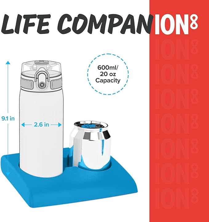 Ion8 Steel Water Bottle, 600 ml/20 oz, Leak Proof, Easy to Open, Secure Lock, Dishwasher Safe, Hygienic Flip Cover, Fits Cup Holders, Carry Handle, Durable, Carbon Neutral, Metallic Red