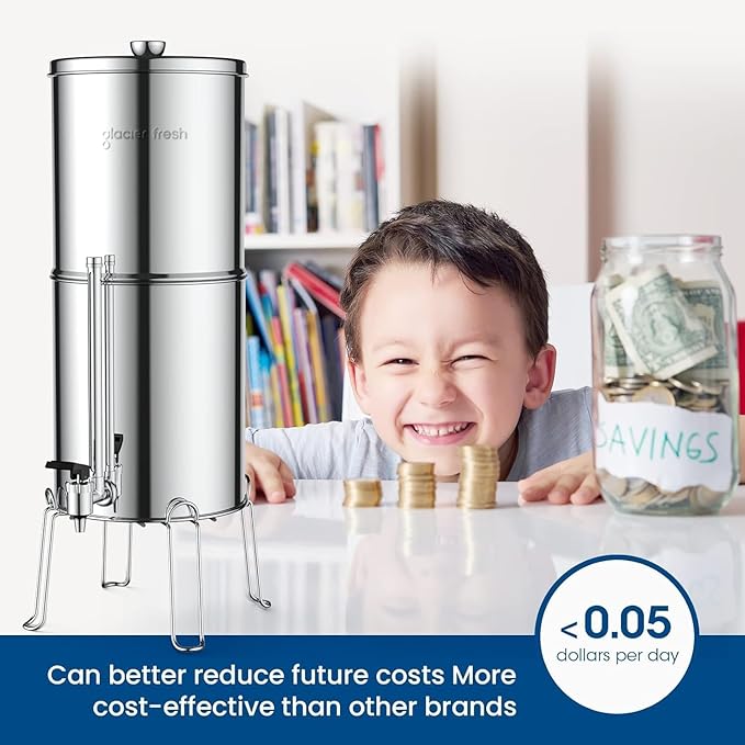 GLACIER FRESH Gravity-fed Water Filter System, Stainless Steel 3G Gravity Water Filter with 6 Filters, Metal Water Level Spigot, and Stand, for Home, Camping, and RVing