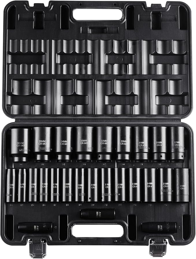 VEVOR Impact Socket Set, 26pcs x 1/2inch Metric 10mm-36mm Impact Sockets, 6-Point Deep Socket Rugged Construction High-torque, Cr-V 1/2 Inches Drive Socket Set Impact with a Storage Cage