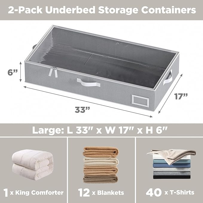 Under Bed Storage Containers, 2-Pack Underbed Storage Box, Collapsible Clothes Storage Bins with Handles and Lid, Large Under Bed Organizers for Shoe, Blanket, Pillow, Sheet, Gray