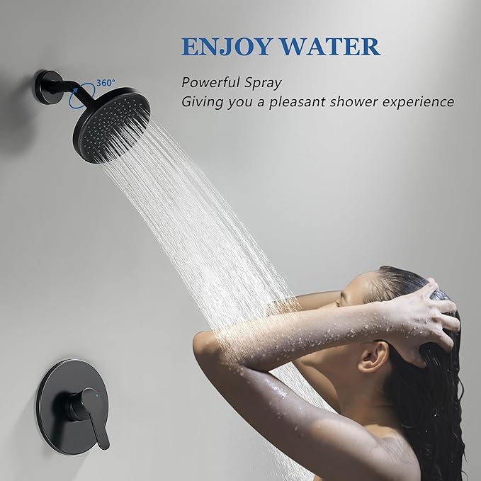 Tohlar Black Shower Faucet Set with Valve, 6-Inch Rain Shower Head and Faucet Combo, Single Handle Tub and Shower Trim Kit with Tub Spout, Matte Black