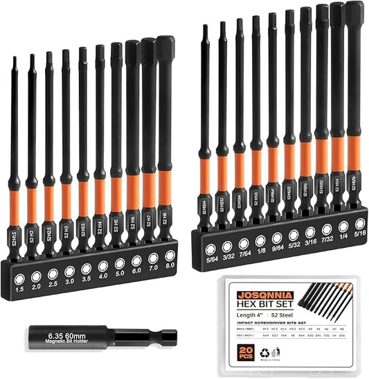 Allen Wrench Drill Bit Set for Impact Drivers - 20 Piece 4" Long Hex Bits (Metric & SAE) with 1/4" Hex Shank, S2 Steel and Magnetism, Heavy-Duty CNC Machined Tips, Extension Socket and Storage Box