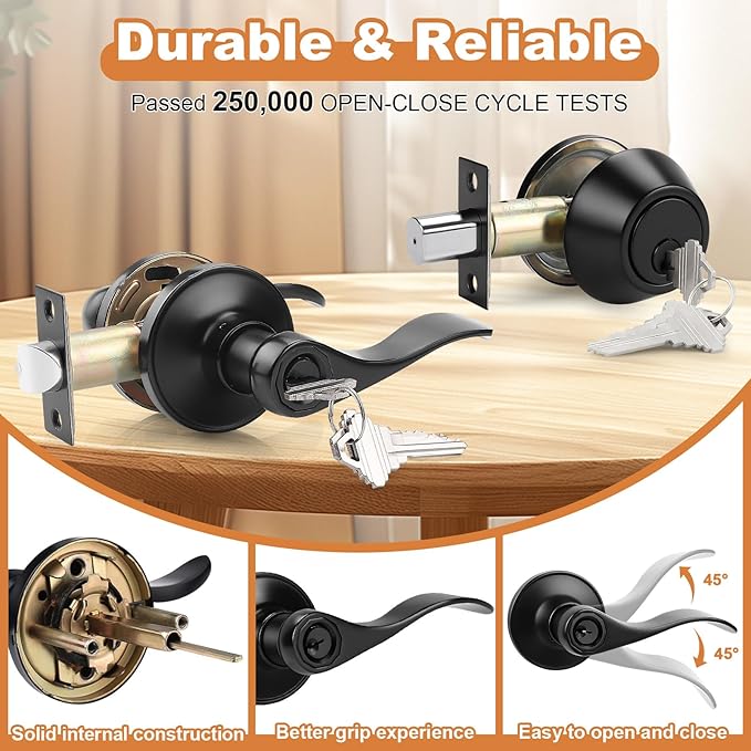 Probrico Front Door Entry Lever Lockset, Single Cylinder Deadbolt Combination Set, Flat Black Finish Keyed Alike Combo, Reversible for Right and Left Side 6Pack