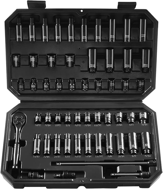 VEVOR Impact Socket Set 1/4" Drive, 55-Piece Deep & Shallow Socket Set Standard SAE (5/32 to 9/16 inch) & Metric (4 to 15 mm) Size, 6 Point, CR-V, Extension Bar, Universal Joint, Reducer