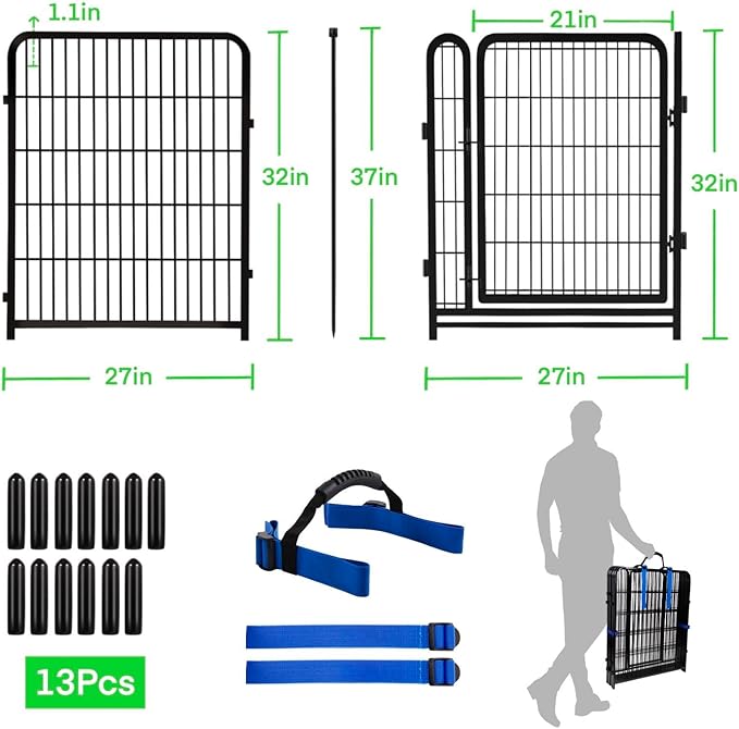 32 in(H) Dog Fence Outdoor For Yard, 21 in Wide Low Threshold Gate, 12 Panels Total 26.6 Ft(L) Fencing For Garden Beds, Animal Barrier Fence, Dog Pen Indoor or Outdoor,Landscape Fence Border