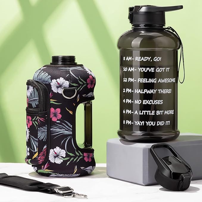 Fimibuke Half Gallon Water Bottle with Sleeve 64 OZ Water Bottle with Handle & Straw Leakproof Motivational Sports Gym Water Bottle with Time Marker BPA Free Water Jug with Reusable Neoprene Holder