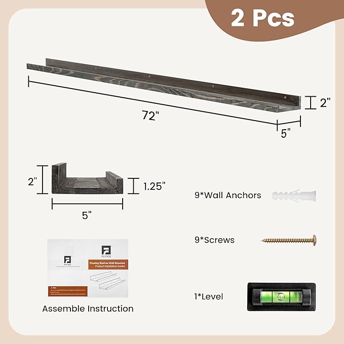 Picture Ledge Shelf, Floating Shelves Set of 2, Solid Pine Wood 72'' Long Large Nursery Book Shelves for Toys Storage, Kids Bookshelf for Living Room Bedroom Decor Books Photo Frames, Grey