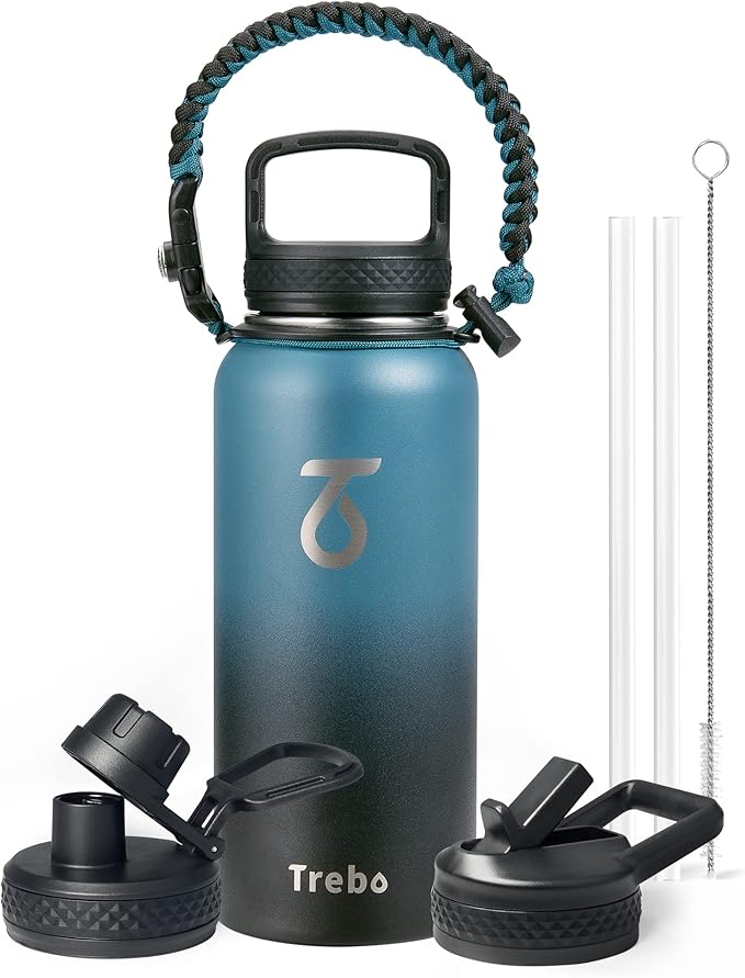 Trebo 32oz Water Bottle Insulated with Lid and Straw,Double Wall Vacuum Stainless Steel Metal Tumbler Sports Flask with Paracord Handle, Keep Cold 48 Hours Water Cup with 3 Lids, Indigo/Black