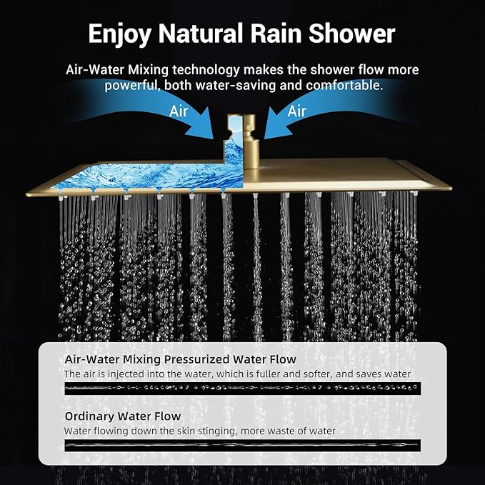 Brushed Gold Thermostatic Shower System with Ceiling 12-Inch Rainfall Shower & Wall Mount 6-Inch High Pressure Shower Head, Dual Shower Heads Set with Handheld Sprayer Full Body Shower Faucet