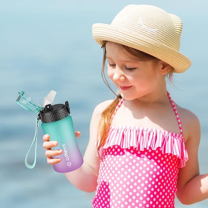 GOPPUS Kids Water Bottle with Straw Spout Lid 10pcs Stickers 12 oz Leak-proof BPA Free Motivational Time Marker Tritan Plastic Water Bottles for Girls Boys School Sports