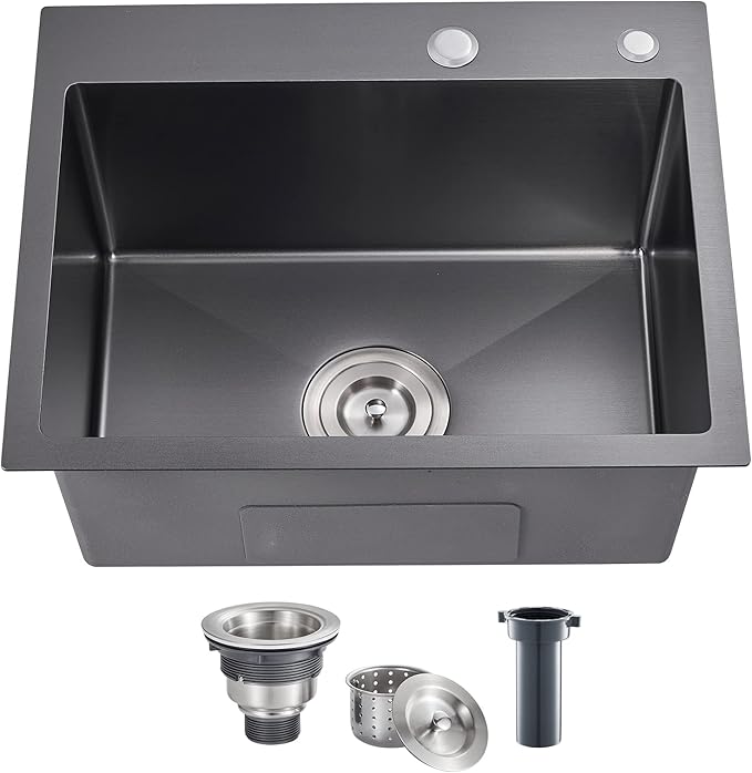 POPFLY 23 x 18 Inch Drop in Kitchen Sink, 304 Stainless steel Overmount Single Bowl Utility 9 Inch Deep Small Sink, Radius Handmaed Bar Prep Sink, Black