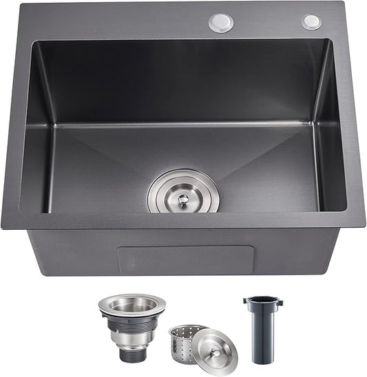 POPFLY 23 x 18 Inch Drop in Kitchen Sink, 304 Stainless steel Overmount Single Bowl Utility 9 Inch Deep Small Sink, Radius Handmaed Bar Prep Sink, Black