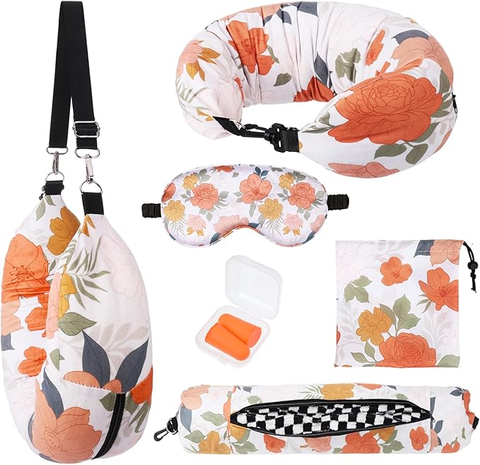 Stuffable Travel Pillows, Travel Pillows for Airplanes, Portable Self-Fillable Travel Neck Pillows, Comes with Contoured Eye Mask, Earplugs, and Storage Bag (Pillow Cover Only, No Filler)