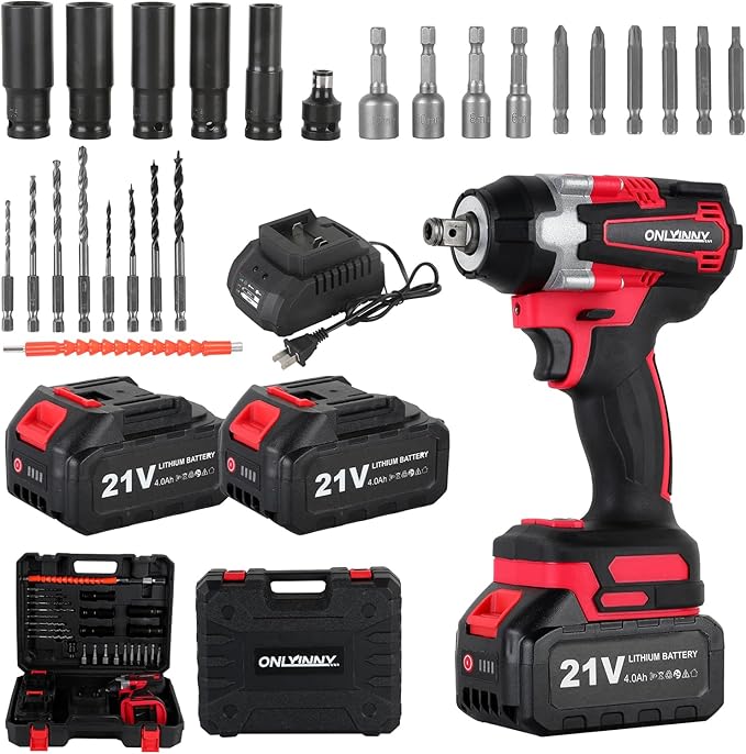 Cordless Impact Wrench - 550N.m(406Ft-lbs)1/2, impact gun, 3300RPM, with 4-Mode Speed, 2 Battery & Charger, 5 Sockets 8 Drill 6 Screws, Electric Impact Wrench for Car/DIY Furniture/Lawn Mowe