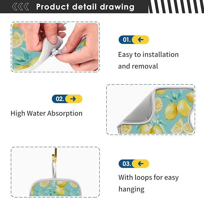 Lemon Turquoise Faucet Water Catcher Mat 2 Pack Flowers Leaves Summer Drying Mat Absorbent Bathroom Faucet Handle Drip Catcher Tray Bar RV Kitchen Sink Splash Guard 30x5 Inches