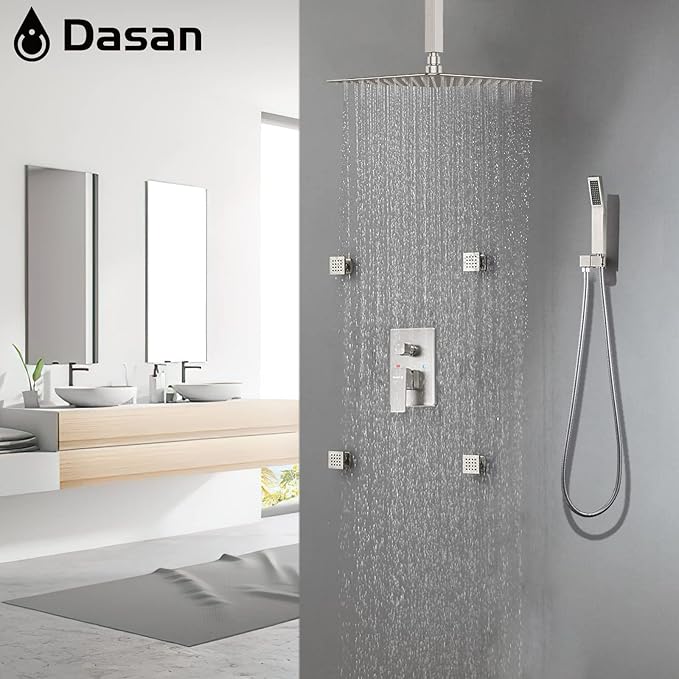 Brushed Nickel Shower System with 4 PCS Shower Body Spray Jets & 12’’ Ceiling Shower Head & Handheld Spray, DASAN Full Body Shower Faucet System with Jets Rainfall Shower Combo Set, SA-SS03BBN-S12C