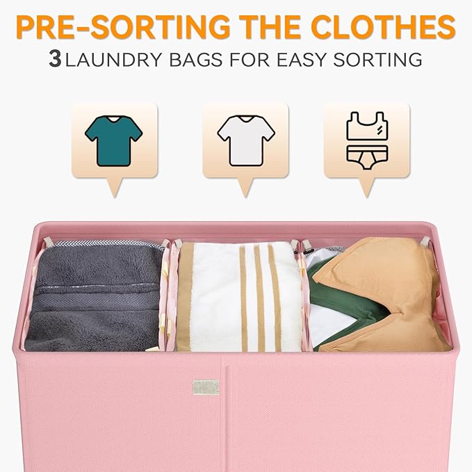WOWLIVE Laundry Hamper with Lid,160L Large Laundry Basket 3 Section with Removable Washing Bags,Collapsible Waterproof Dirty Clothes Hamper for Laundry Room Bathroom Dorm,Pink