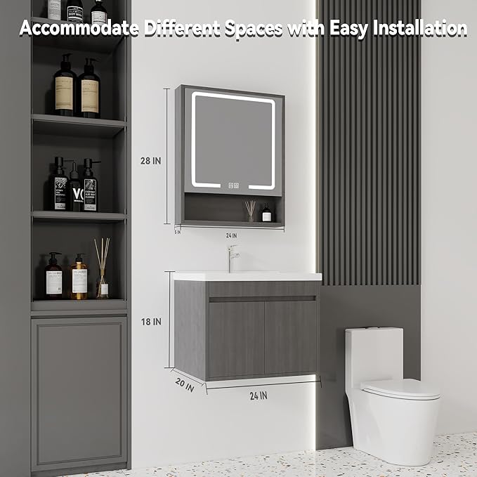 24'' Bathroom Vanity with Ceramic Sink Combo and Medicine Cabinet Mirror with Led Light/Defog, Wall Mounted Small Bathroom Vanity with Soft-Close Door Modern Floating Cabinet, GreyWalnut(No Faucet)