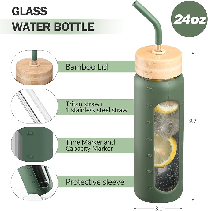 Glass Water Bottles with Straw -24oz- Water Bottle Phone Holder for Gym Sports Water Bottles with Silicone Sleeve Glass Drinking Bottles 2 Lids - Spout & Bamboo Straw Lid(Olive)