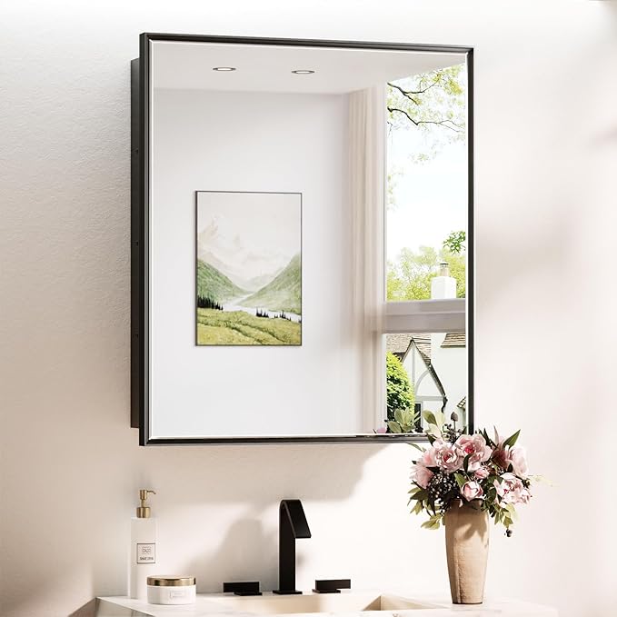 TokeShimi 26x30 Recessed Medicine Cabinet with Mirror Wall Mounted, Metal Beveled Mirror with Storage for Bathroom Vanity, Aluminum Alloy Medicine Cabinet Mirrored Black