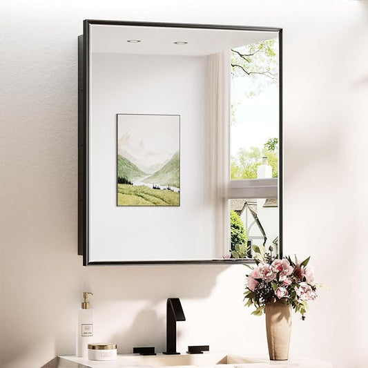 TokeShimi 26x30 Recessed Medicine Cabinet with Mirror Wall Mounted, Metal Beveled Mirror with Storage for Bathroom Vanity, Aluminum Alloy Medicine Cabinet Mirrored Black