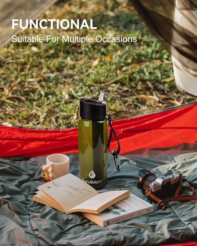 SurviMate 0.01μm Ultra-Filtration Filtered Water Bottle, Portable Water Filter Bottle with 4-Stage Filtration for Survival, Camping, Hiking, Backpacking, Drinking, Emergency