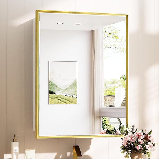 TokeShimi 21x27 Bathroom Medicine Cabinet with Mirror Beveled, White and Gold Recessed Medicine Cabinet Mirrored for Wall, Aluminum Framed Metal Mirror with Storage Adjustable