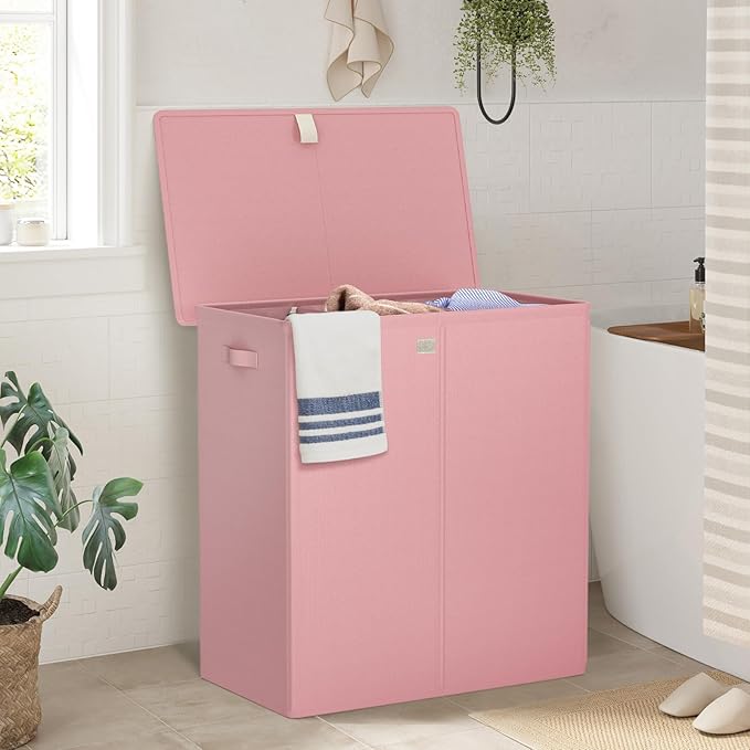 WOWLIVE Laundry Hamper with Lid,160L Large Laundry Basket 3 Section with Removable Washing Bags,Collapsible Waterproof Dirty Clothes Hamper for Laundry Room Bathroom Dorm,Pink