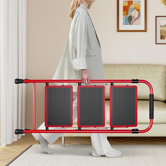 KINGRACK 3 Step Ladder, Folding Step Stool with Anti-Slip and Wide Pedal, Lightweight Stepladder with Handrails, Portable for Kitchen, Household, Red