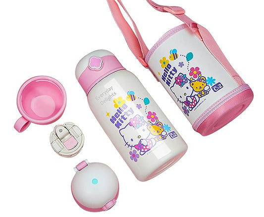 Everyday Delights Sanrio Hello Kitty Stainless Steel Insulated Water Bottle Double Covers with Cup, Straw and Bag White 600ml