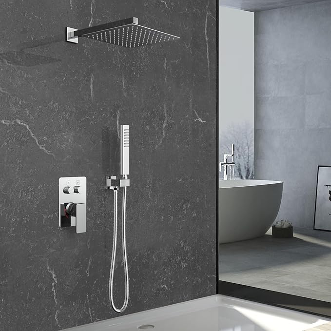 Iriber Chrome Shower System Wall Mount with 12 Inch Rain Shower Head and Handheld Bathroom Shower Set Contain Shower Faucet Mixer Valve Trim Kit (Valve Included)