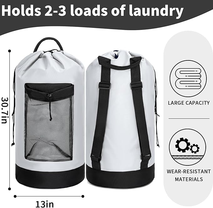 Laundry Bag Backpack with Shoulder Straps and Mesh Pocket Foldable Laundry Hamper for College, Apartment, Laundromat (White)