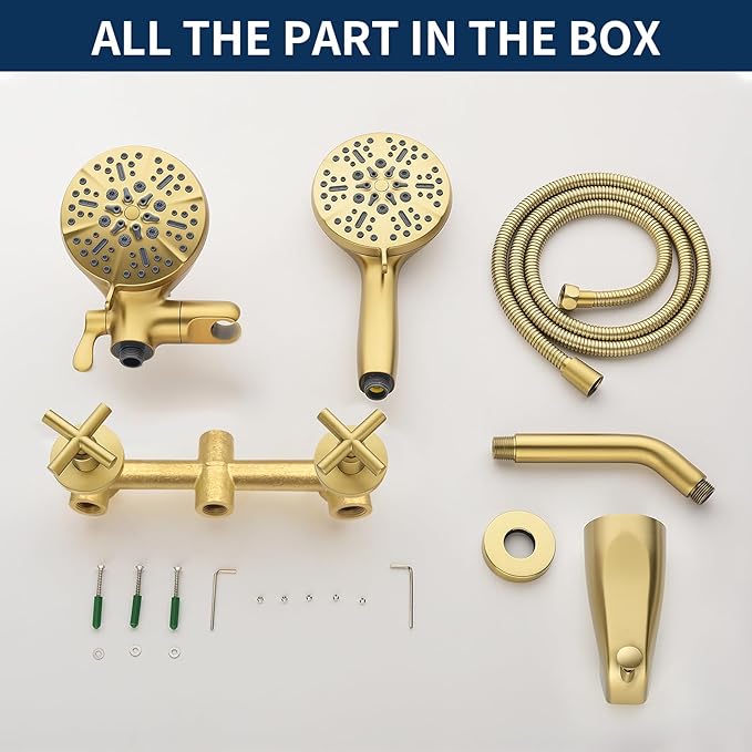 2 Handle Shower Faucet Set with Tub Spout Bathtub Shower Faucet Combo Set Shower System Complete Tub and Shower Trim Kit Brushed Gold Wall Mounted Shower Fixtures