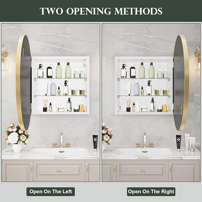 WallBeyond Bathroom Medicine Cabinet with Mirror, 28 Inch Gold Round Mirror Medicine Mabinet Wall Mounted with Aluminum Alloy Metal Framed, Surface Mount Medicine Cabinet with Storage