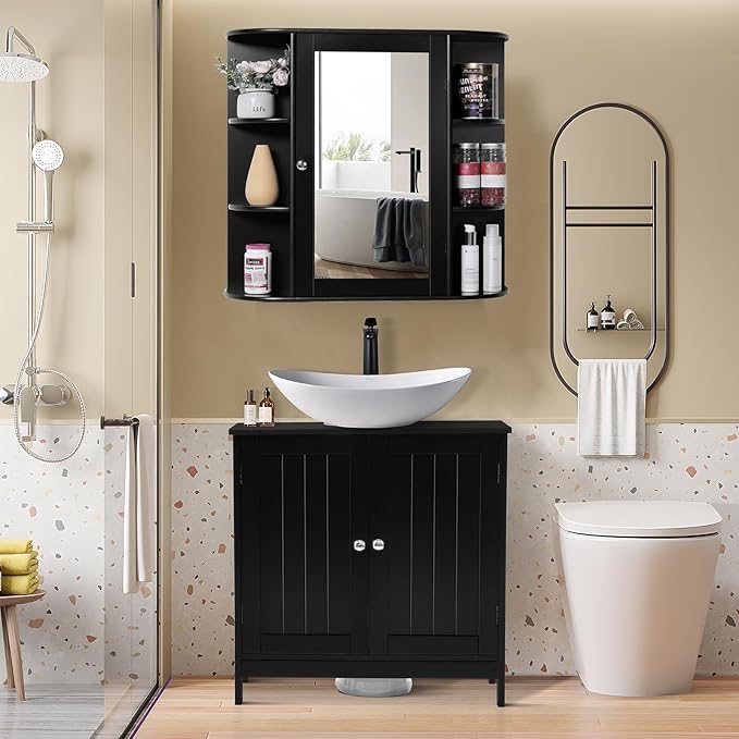 Iwell Bathroom Medicine Cabinet with Mirror, Wall Cabinet with 2 Adjustable Shelves & 6 Open Shelves, Bathroom Cabinet Wall Mounted, Over The Toilet Space Saver Storage Cabinet, Black