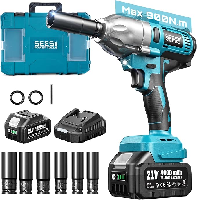 Seesii Impact Wrench 665 FT-LBS(900N.m) 3300IPM 1/2 Impact Gun High Torque Electric Cordless Impact Wrench with 21V 1x4.0Ah Battery 6 Sockets and Case for Home Car Truck Tire Lug Nut Removal Tool Set