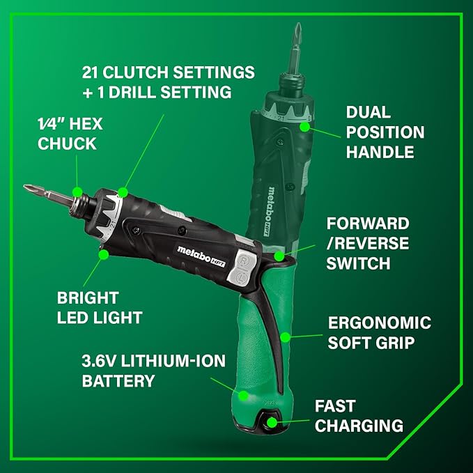 Metabo HPT 3.6V Lithium Ion Cordless Screwdriver Kit, Compact and Lightweight Power Screwdriver with 2 x 1.5Ah Batteries and Quick Charger, 21 + 1 Clutch Settings and Built-In LED Light, DB3DL2