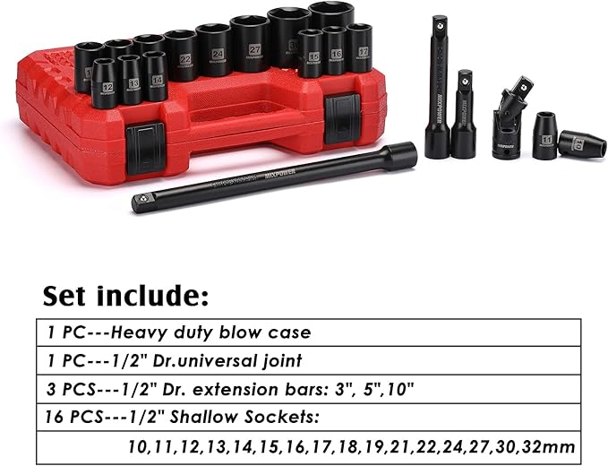 MIXPOWER 1/2-Inch Drive Shallow Impact Socket Set Metric Size 10mm-32mm CR-V 6-Point Mechanic and Repair Project 20-Piece 1/2" Shallow Sockets Set with Extension Bar and Universal Joints