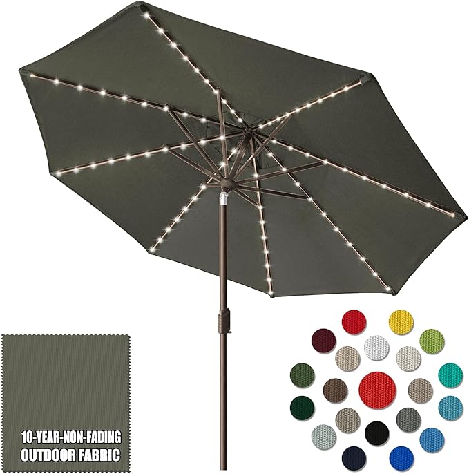 Eurmax USA 10-Year-Non-Fading 10Ft Solar Market Umbrella Outdoor Patio Umbrella Table Umbrella with LED Lights,8 Ribs,Hand Crank and Ventilation (Charcoal)