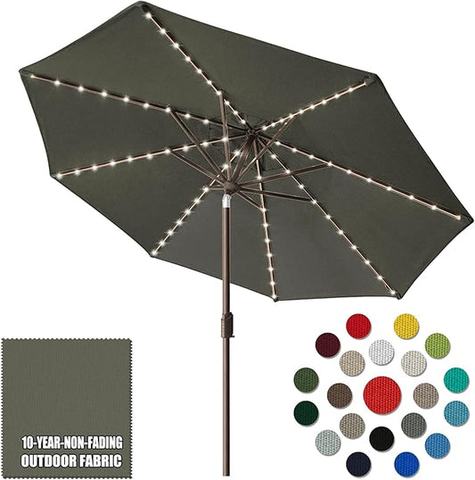 Eurmax USA 10-Year-Non-Fading 10Ft Solar Market Umbrella Outdoor Patio Umbrella Table Umbrella with LED Lights,8 Ribs,Hand Crank and Ventilation (Charcoal)