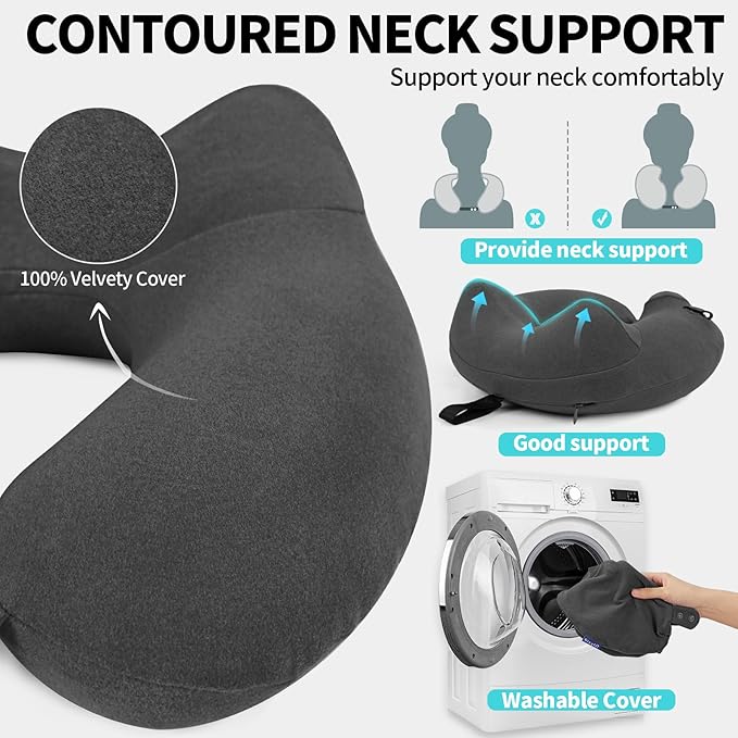 Inflatable Travel Neck Pillow for Airplane, 360° Head Support Velvet Adult Neck Pillow for Long Flight, Removable Washable Cover, Kit with Eye Masks, Earplugs & Storage Bag, Grey