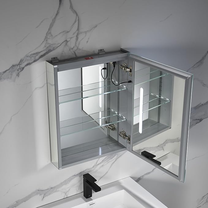 Blossom LED Lighted Medicine Cabinet Mirror for Bathroom 20x26 Inch - Right Hinge Recessed/Surface Mount - LED Mirror Cabinet with Lights - Defogger/3 Color Dimmer - Perfect Makeup Vanity