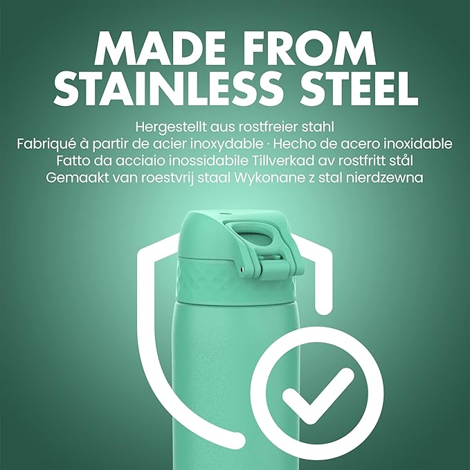 ION8 Steel Water Bottle, 600 ml/20 oz, Leak Proof, Easy to Open, Secure Lock, Dishwasher Safe, Flip Cover, Fits Cup Holders, Carry Handle, Durable, Scratch Resistant, Carbon Neutral, Teal Green