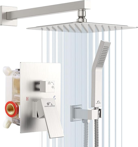 SunCleanse Shower System Rainfall Shower Faucets Set Brushed Nickel, 10 Inch Wall Mounted Rain Shower Head with Handheld Spray Shower Valve and Trim Included